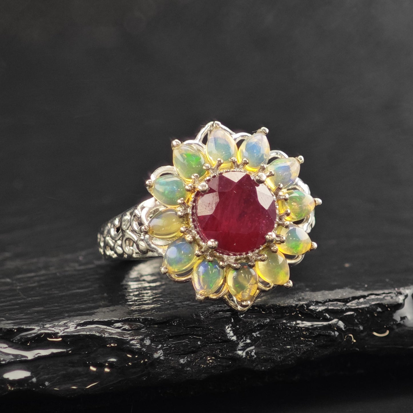 Opal LGF Ruby Flower Design Sterling Silver Ring Sz 5 1/4 R6563