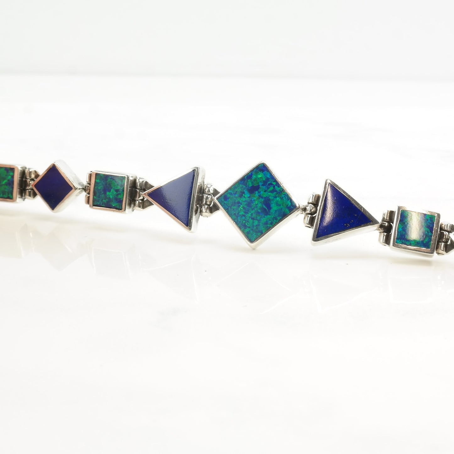 Southwest Sterling Silver Link Bracelet Sparkling Lapis Lazuli Lab Opal Inlay Geometric