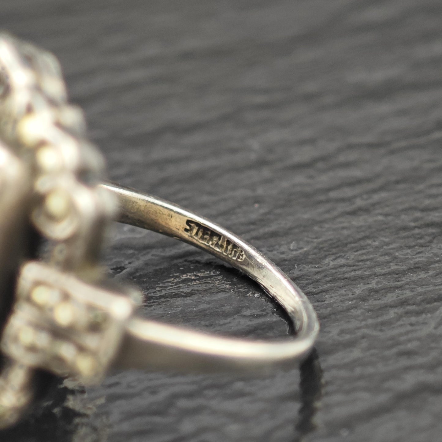 Art Deco Hematite Marcasite Ring Sterling Silver Sz 5 1/4 R6151