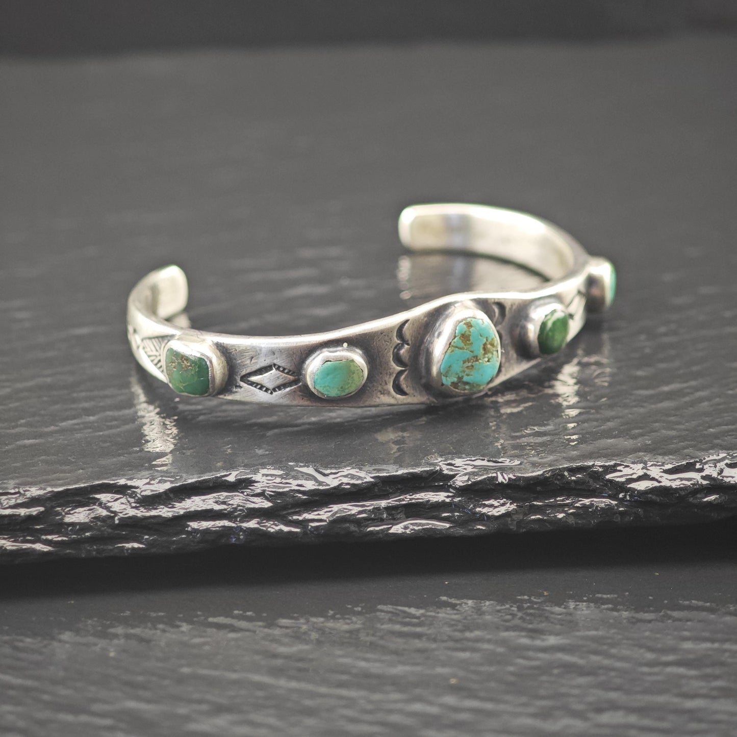 Early 1930's Ingot Silver Child Cuff Bracelet Native American Green Turquoise