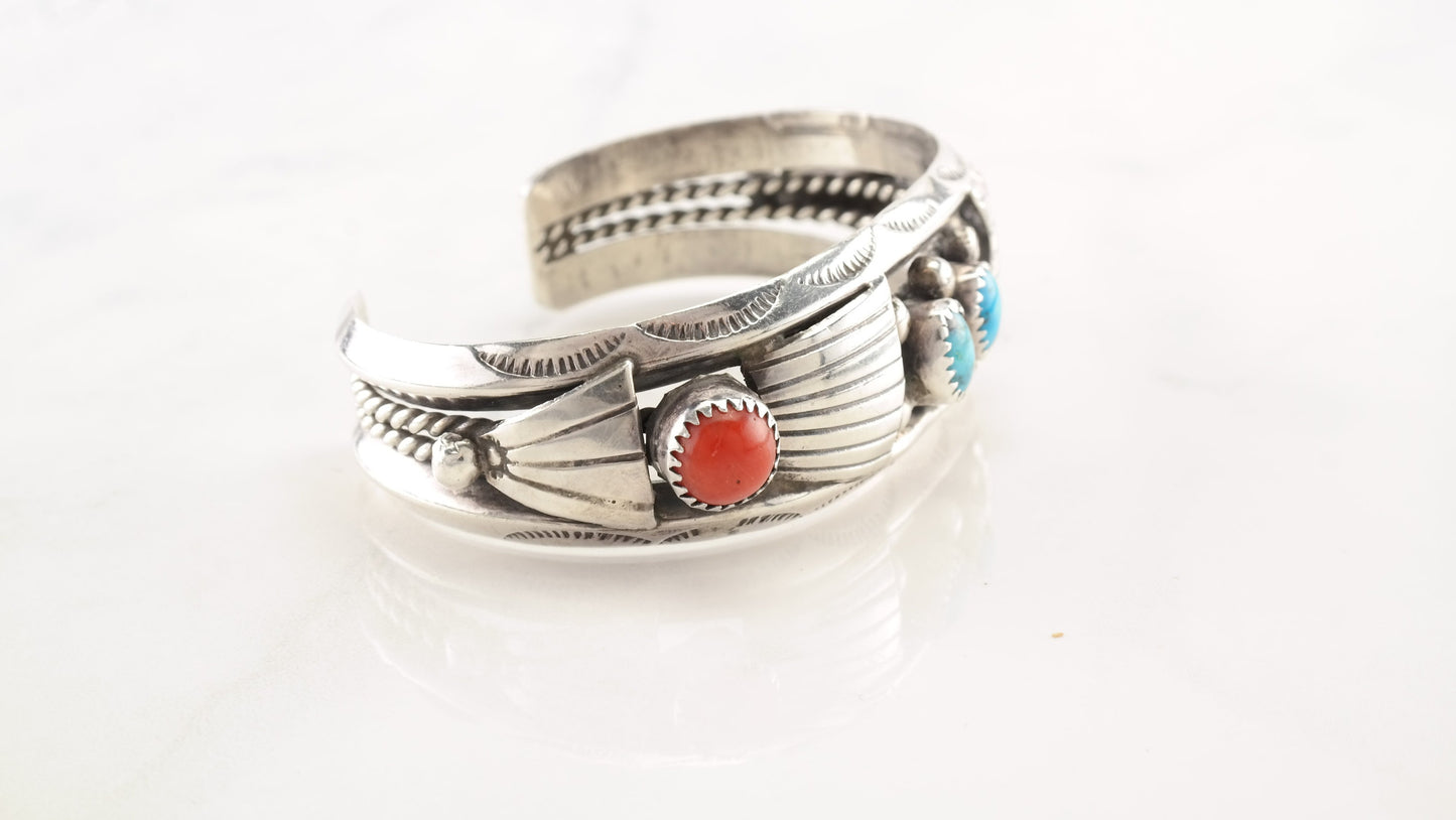 Native American Sterling Silver Cuff Bracelet Blue, Orange Turquoise Coral