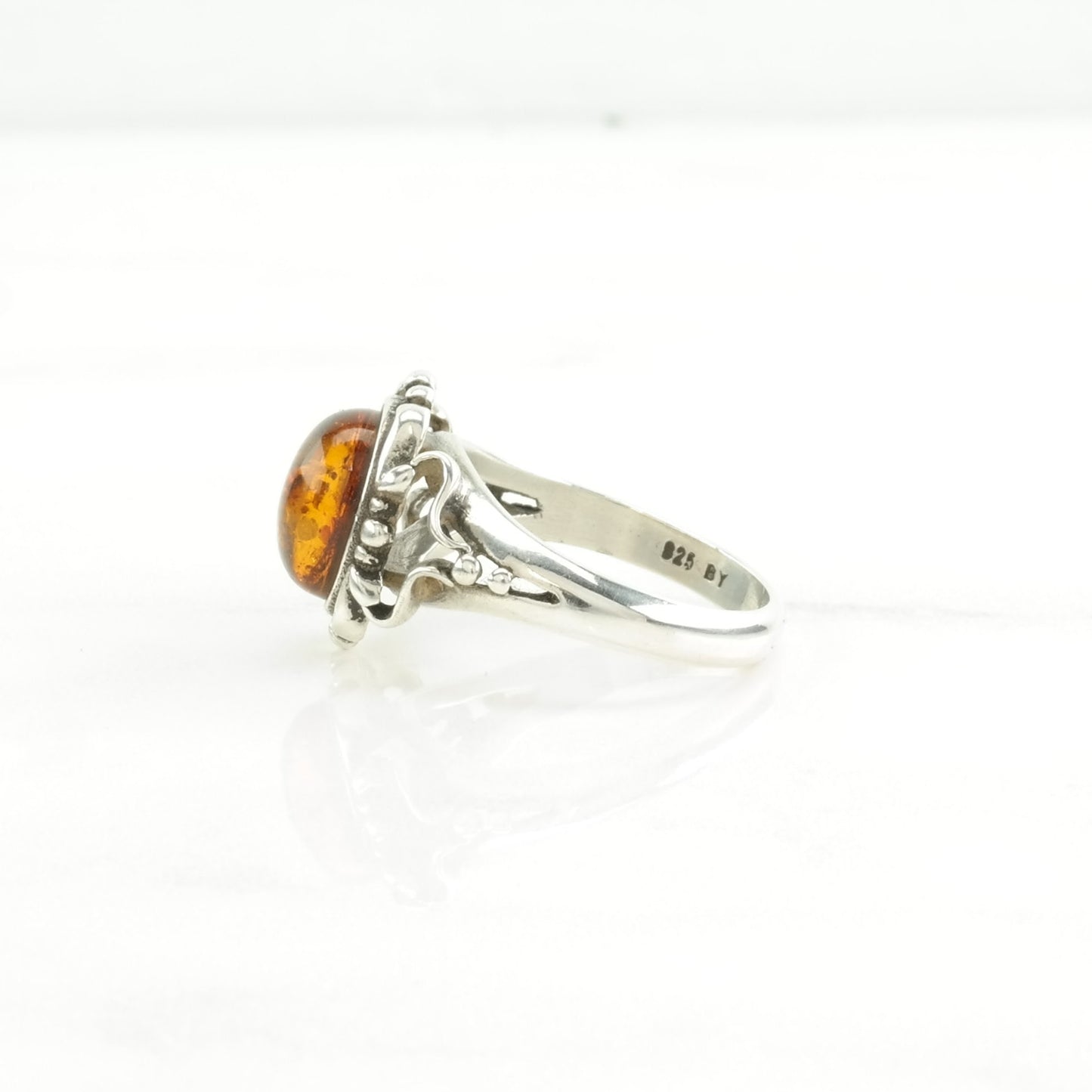 Sterling Silver Ring Amber Orange Size 6 3/4