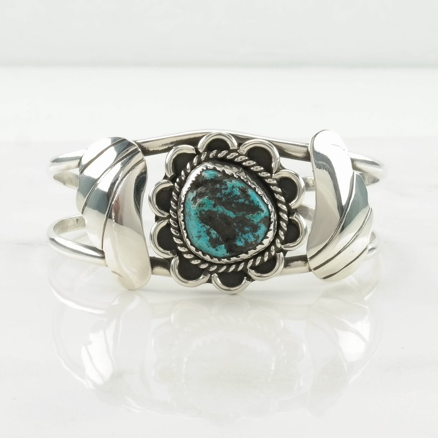 Vintage Southwest Sterling Silver Cuff Bracelet Blue Turquoise Floral