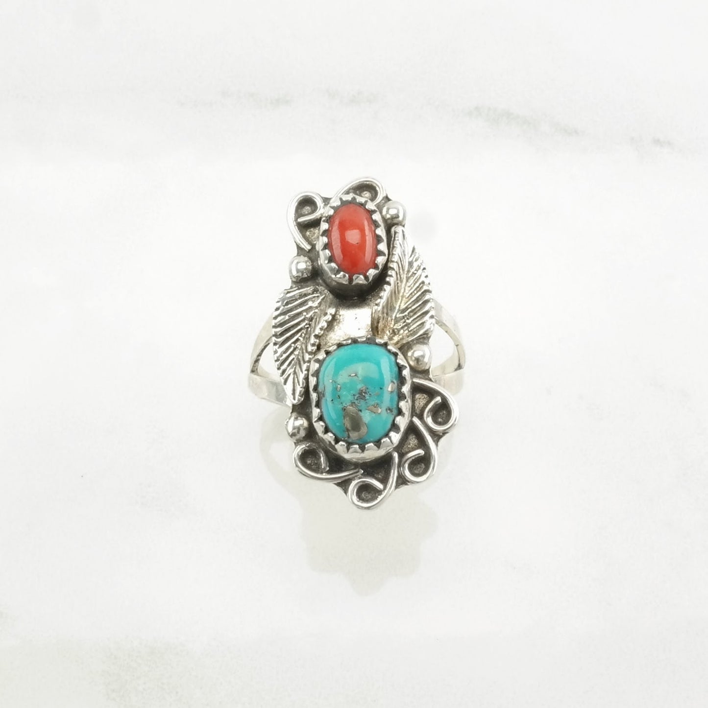 Native American Silver Ring Turquoise, Coral Leaf Sterling Blue, Red Size 6 3/4