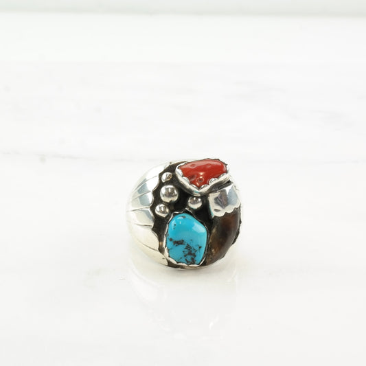 Native American Silver Ring Turquoise Coral Sterling Size 9 3/4