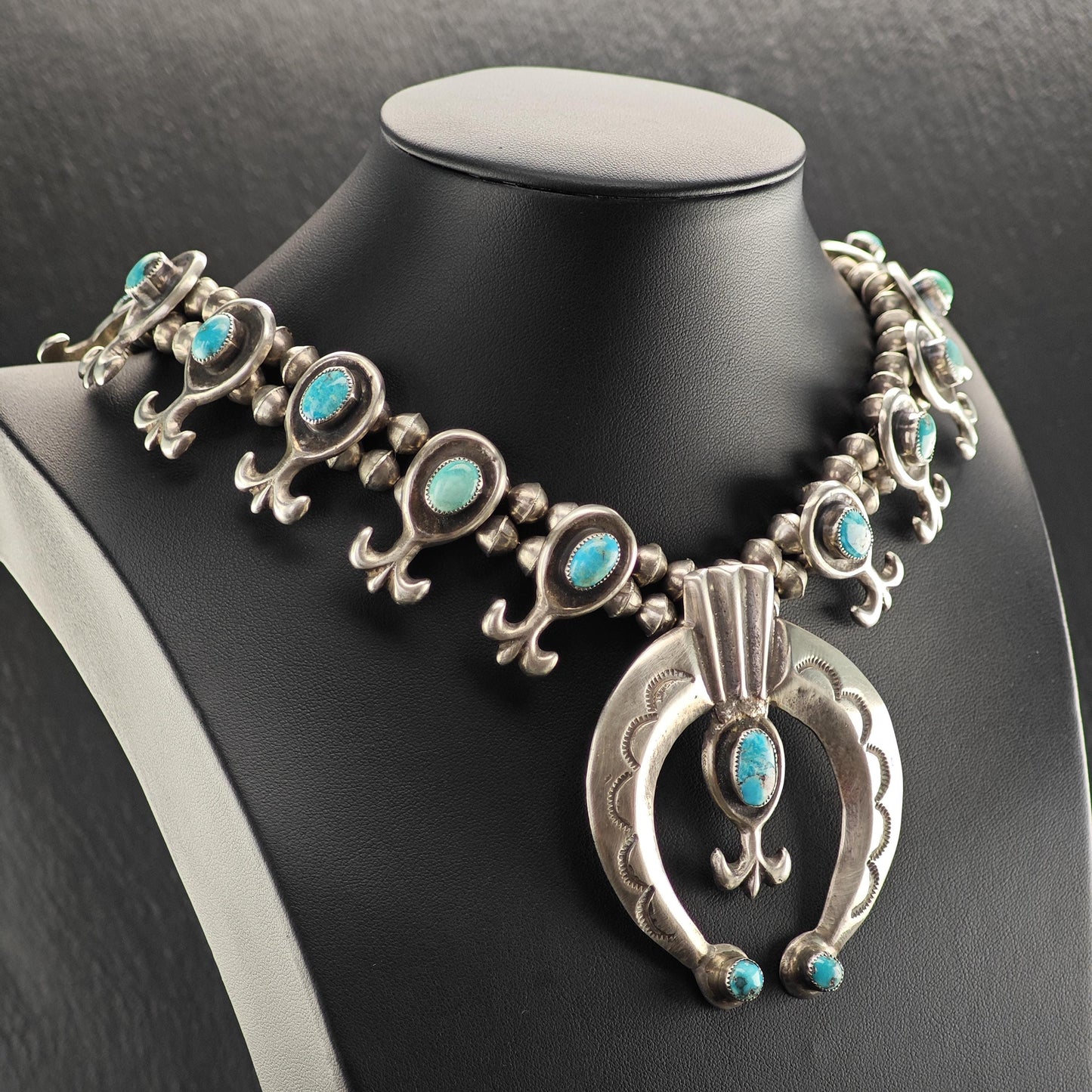 Native American Turquoise Sandcast Squash Blossom Necklace Sterling Silver