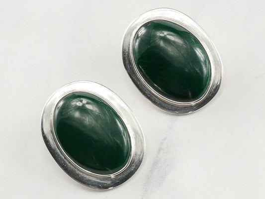 Modernist Sterling Silver Green Gemstone Oval Earrings Clip On