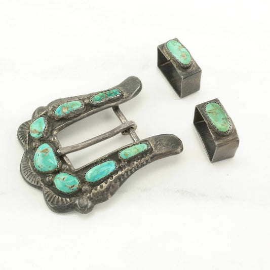 Important Zuni Turquoise Belt Buckle Native American Blue Sterling Silver Horace Iule