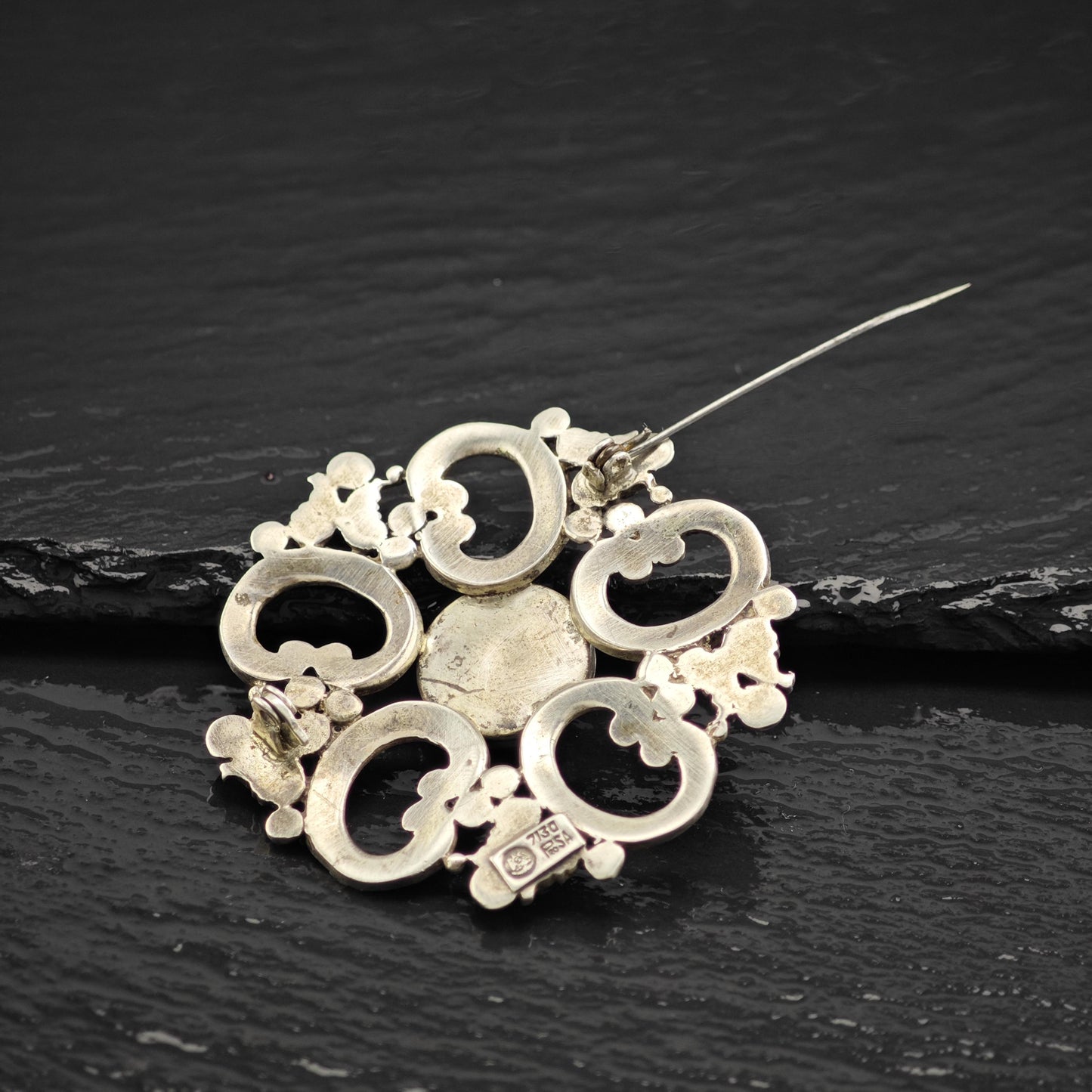 Taxco Multi-Color Serpentine Brooch in Sterling Silver Geometric Design