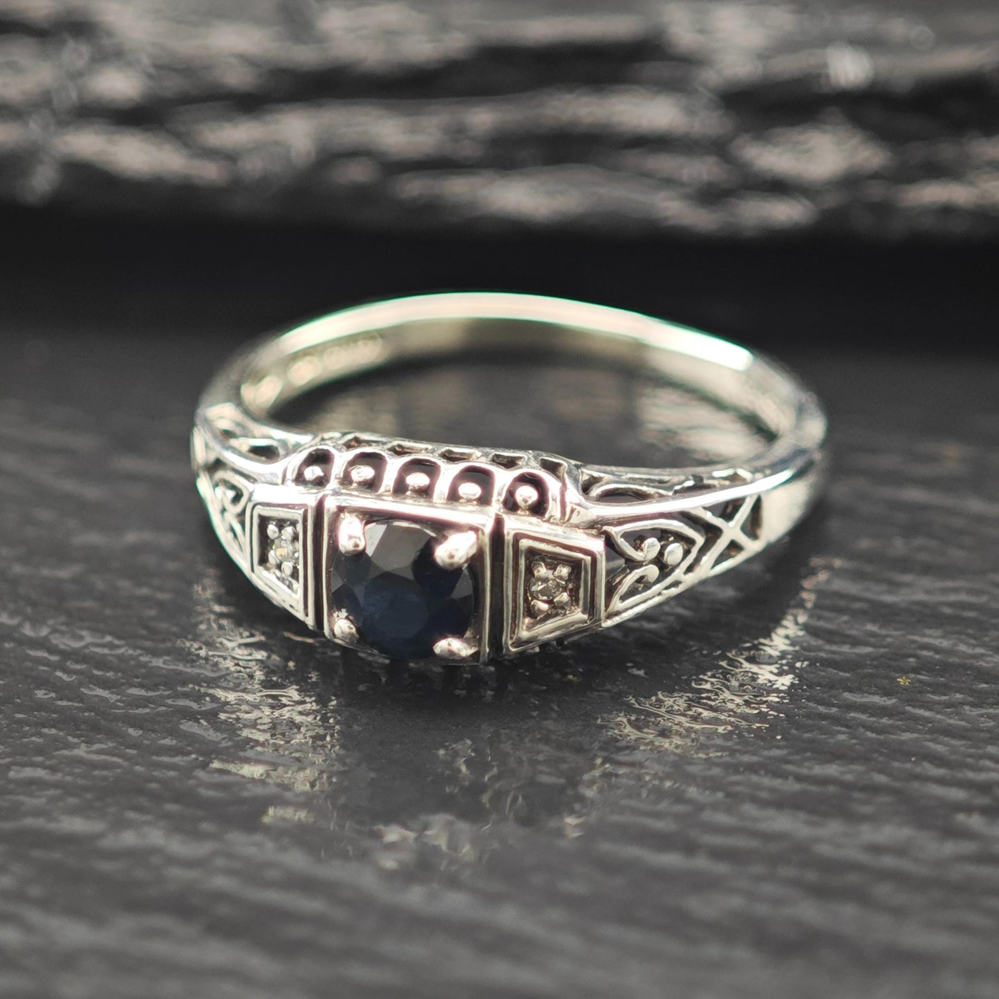 Natural Sapphire Diamond Ring Sterling Silver
