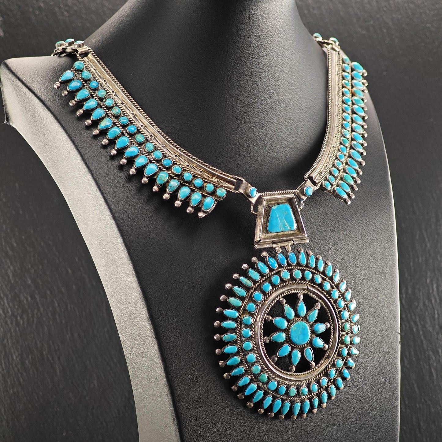 VMB Vintage Blue Turquoise Cluster Necklace in Sterling Silver