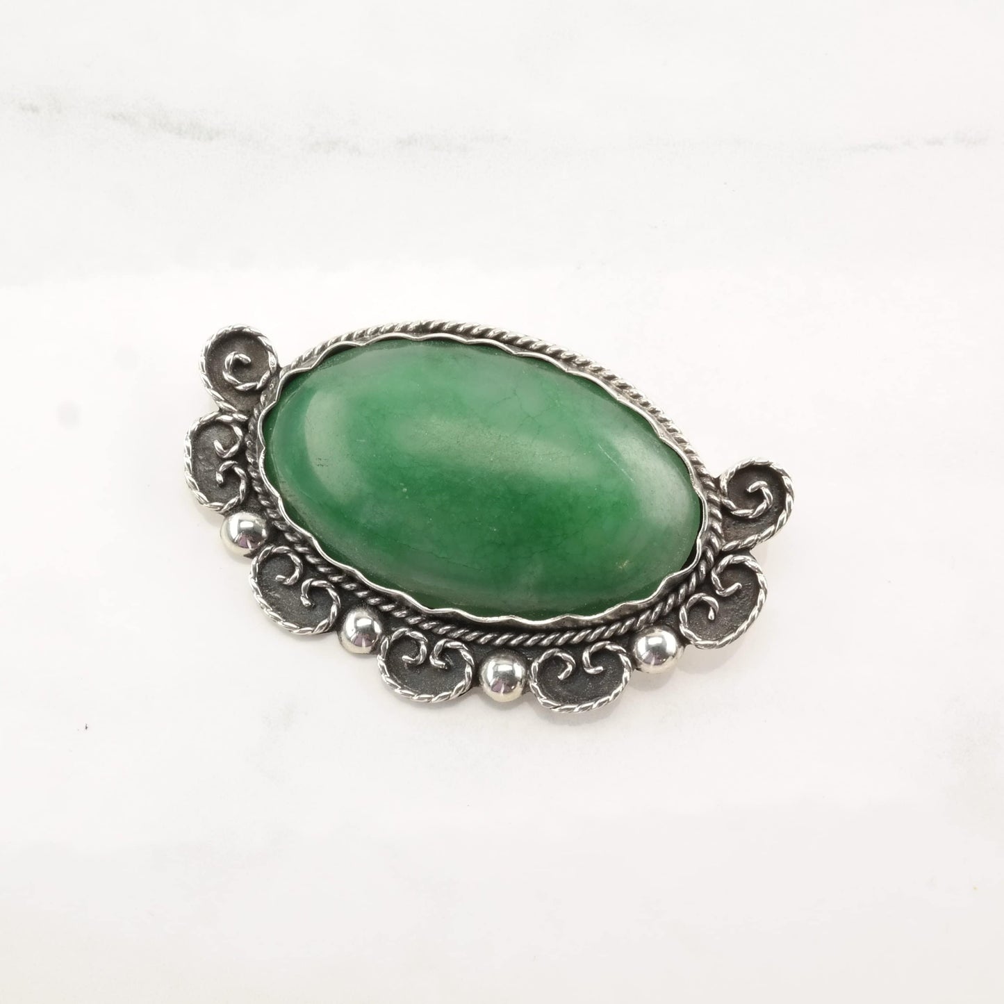 Taxco Sterling Silver Brooch Large Oval Guatemalan Jade