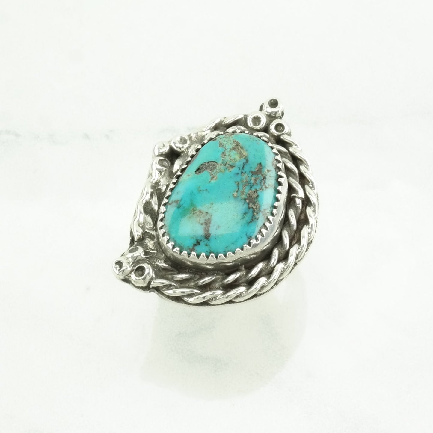 Native American Silver Ring Turquoise Rope Detail Sterling Blue Size 9 1/2