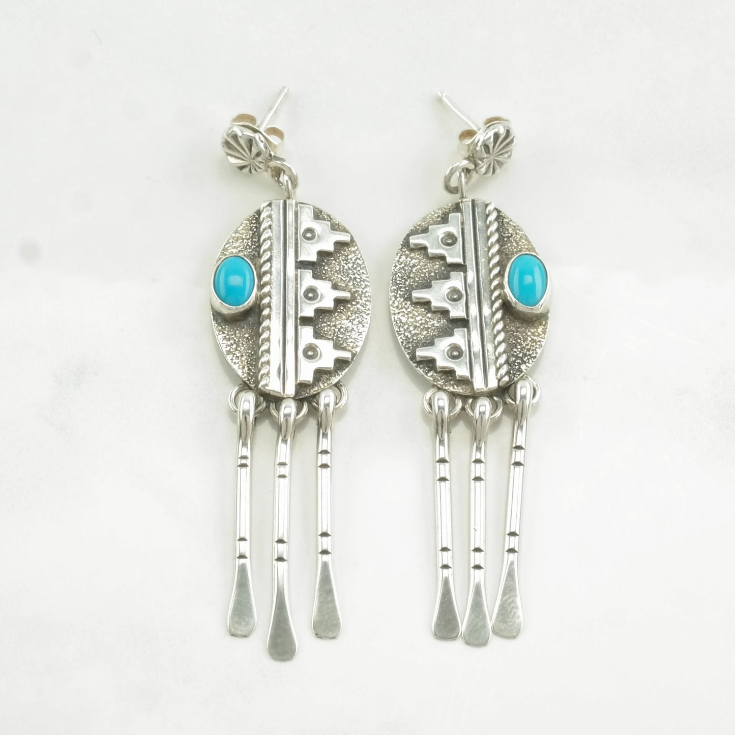 Native American Sterling Silver Blue Turquoise Overlay Earrings Stud, Dangle