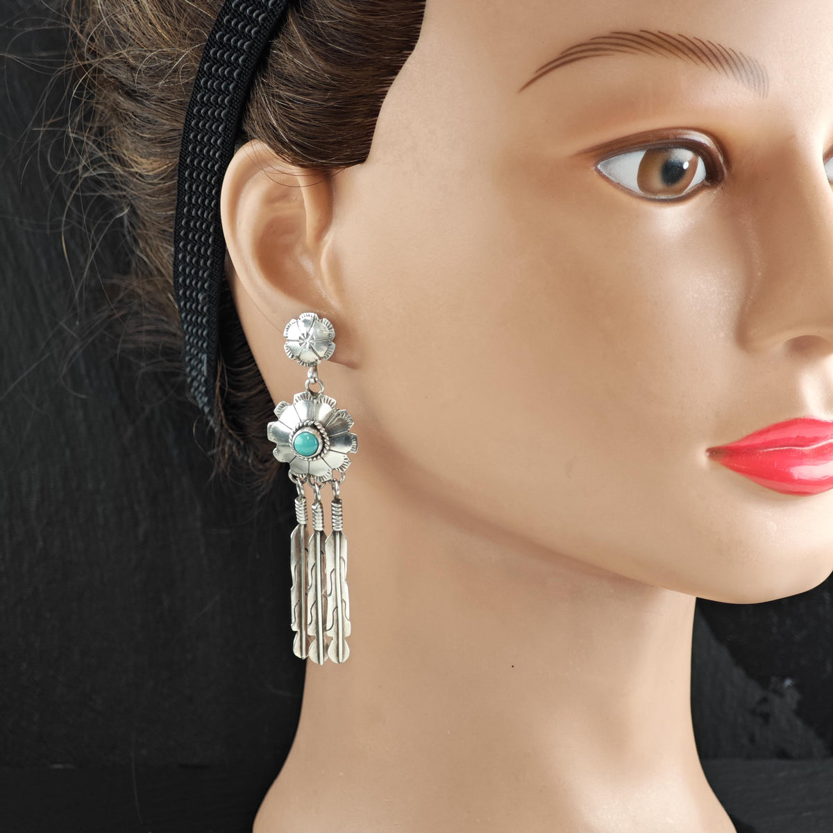 SW Feather Turquoise Concho Sterling Silver Stud Earrings ER3217