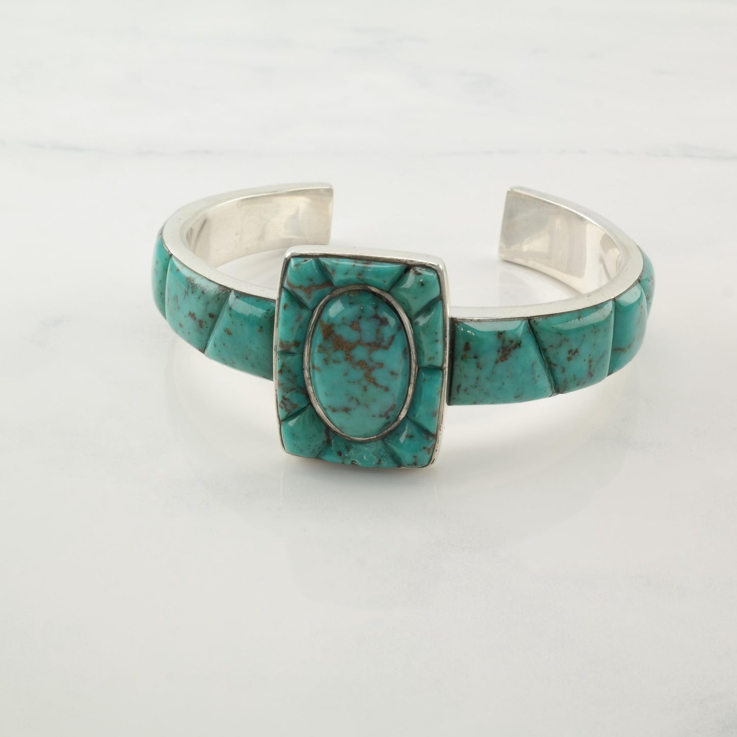 Southwest Turquoise Cobble Stone Inlay Cuff Bracelet Sterling Silver