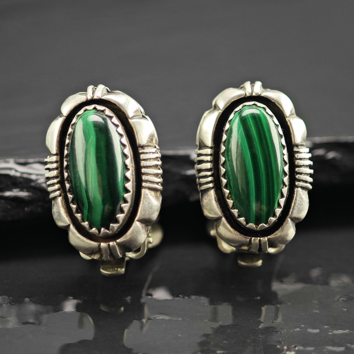 Vintage Native American Malachite Sterling Silver Clip On Earrings ER3216
