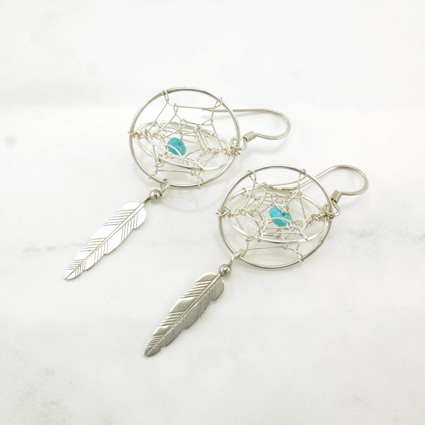 Southwest Sterling Silver Turquoise Dreamcatcher, Feather Earrings Fish hook