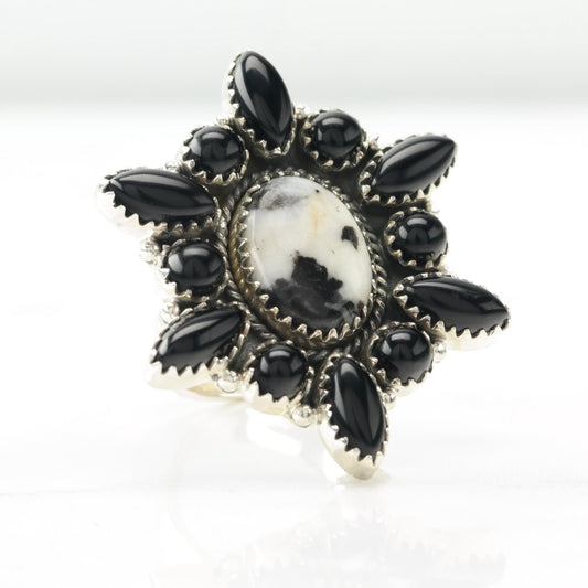 Vintage Sterling Silver Ring Onyx, Agate Large Black, white Size Adjustable