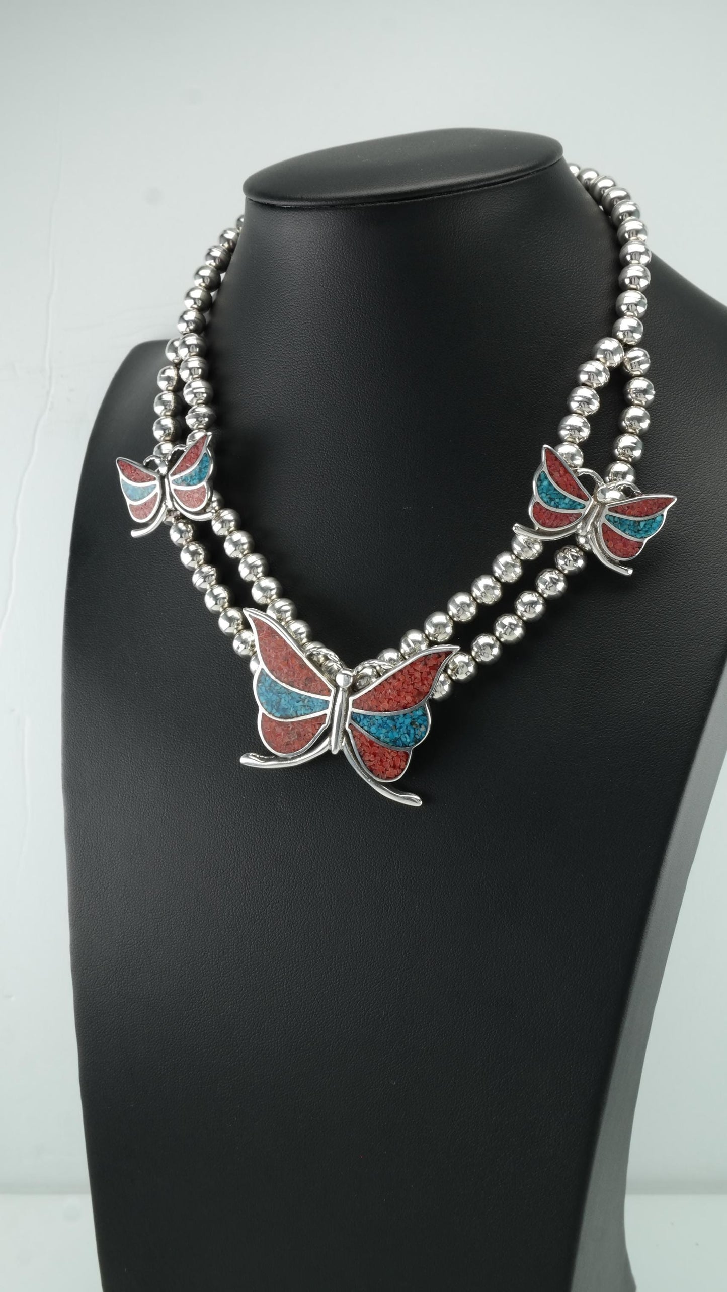 Sterling Silver Butterfly Necklace, Turquoise & Coral, Southwest