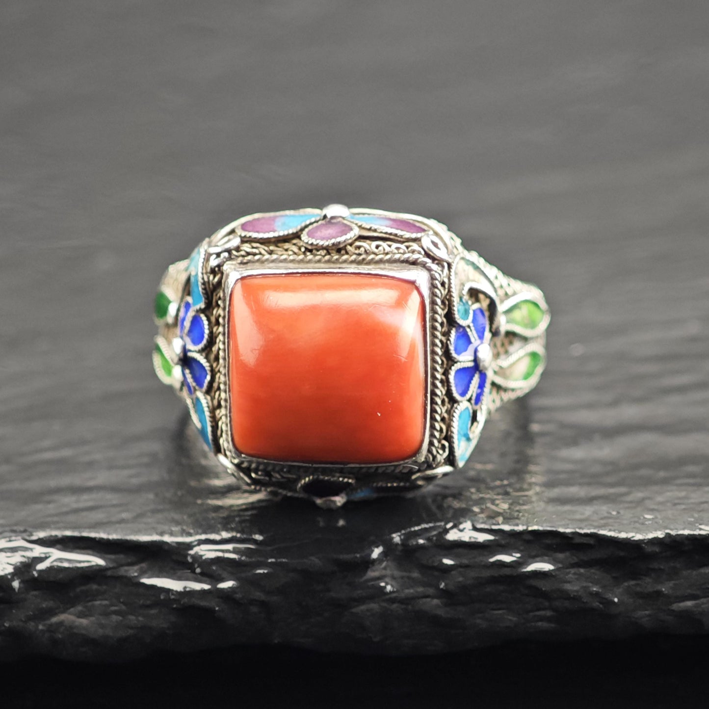 Chinese Export Enamel & Coral Sterling Silver Ring Sz 8 R6721