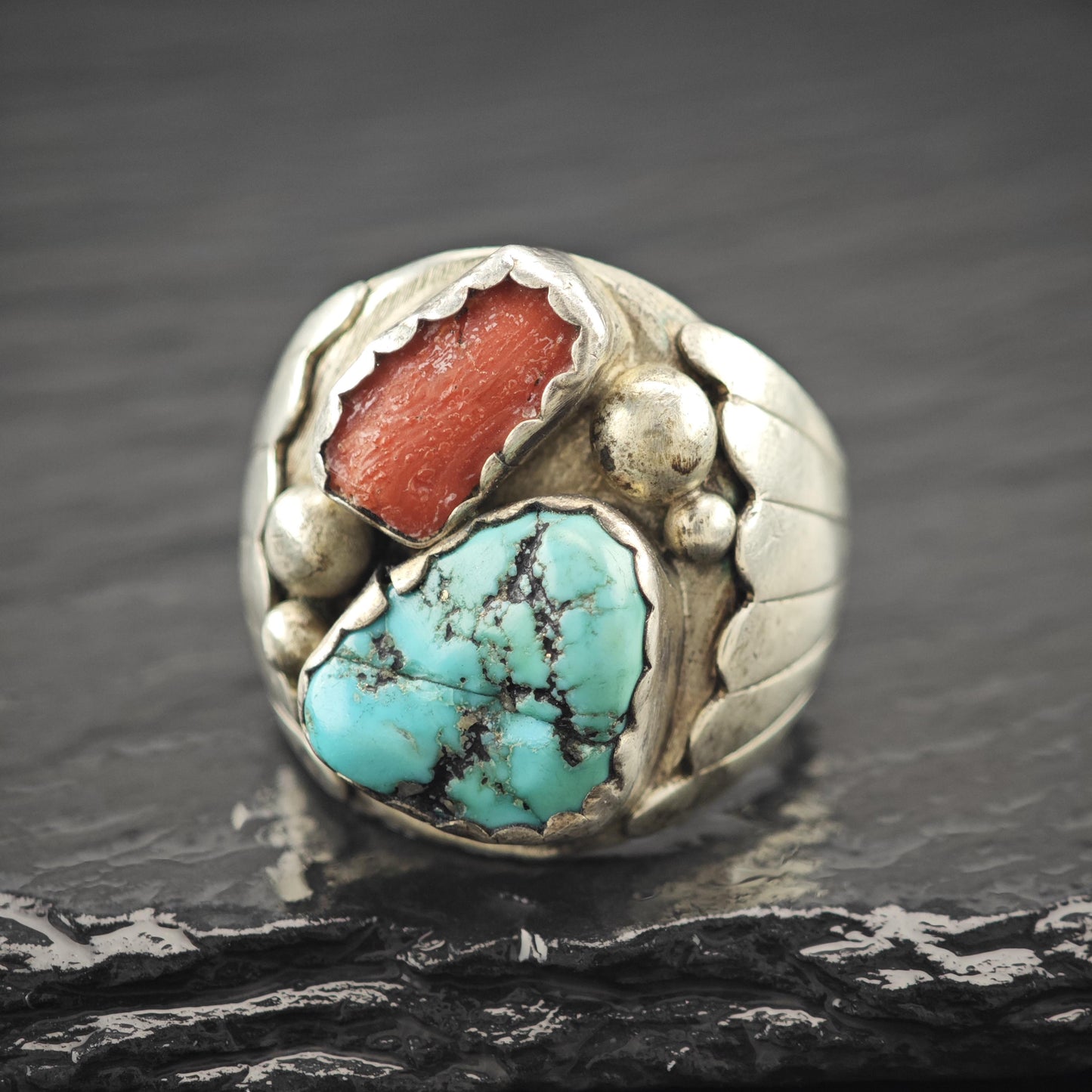 Native American Turquoise, Coral Ring Sterling Silver Size 9 3/4