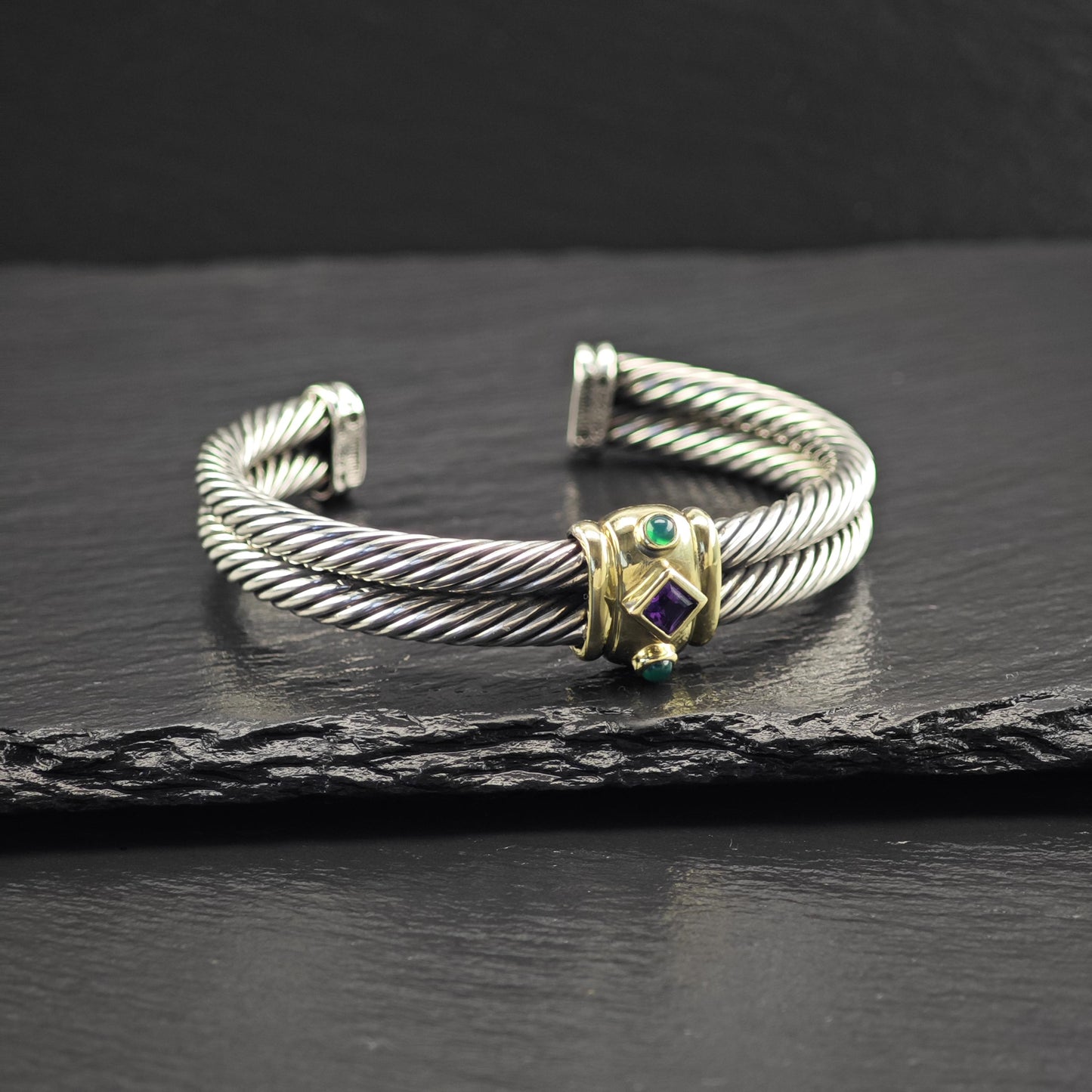 David Yurman Renaissance Cuff Bracelet 10mm 14K Gold Accent Sterling Silver Amethyst