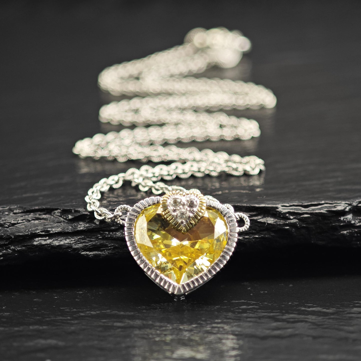 Vintage Judith Ripka Citrine, 18K Gold Accent Heart Necklace Sterling Silver N2733