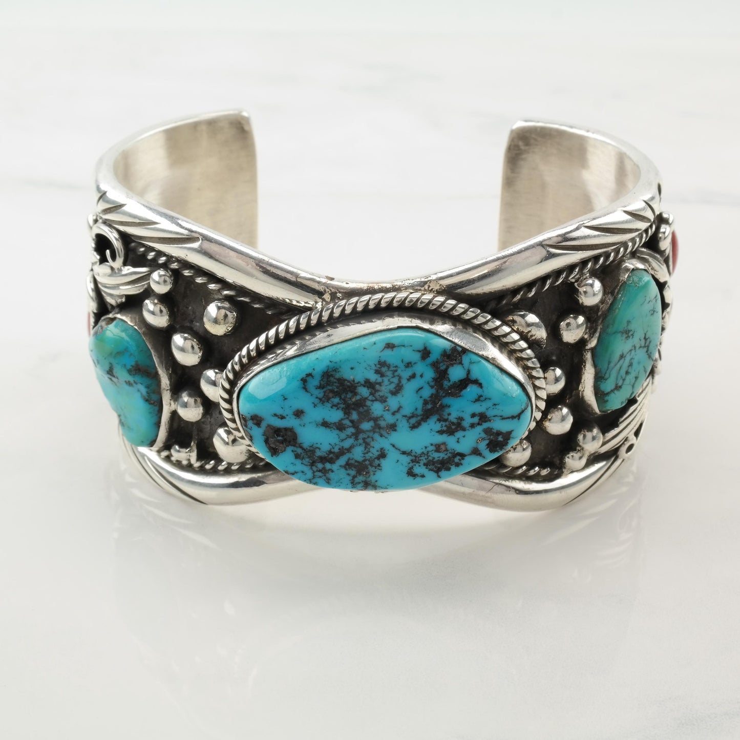 Native American Cuff Bracelet Sterling Silver Turquoise Coral Platero Navajo