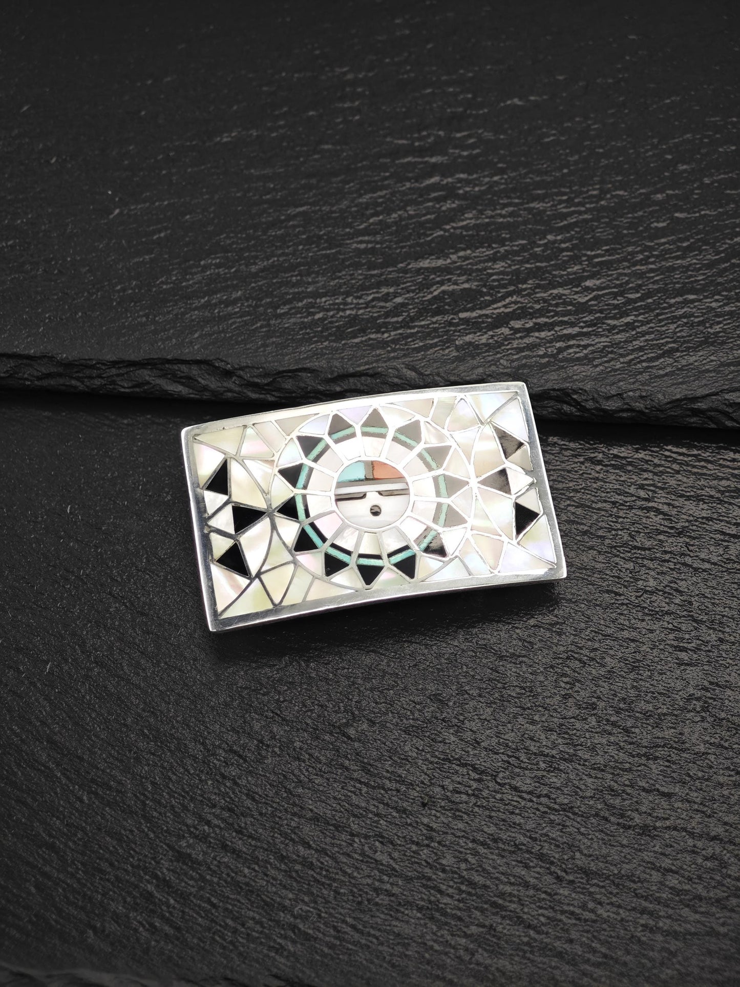 Zuni, Native American Sunface, Inlay Belt Buckle Sterling Silver