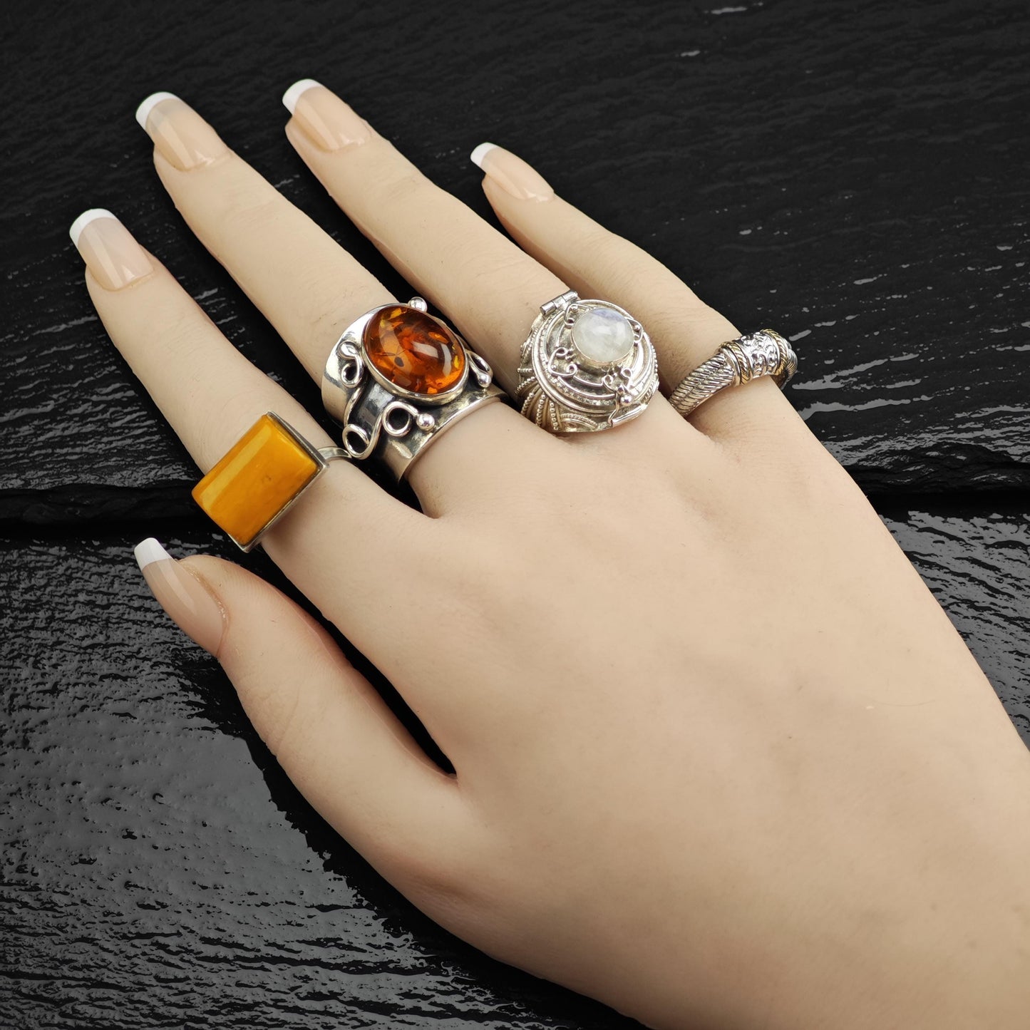 Modernist Butterscotch Amber Sterling Silver Ring Sz 7 1/4 R6728