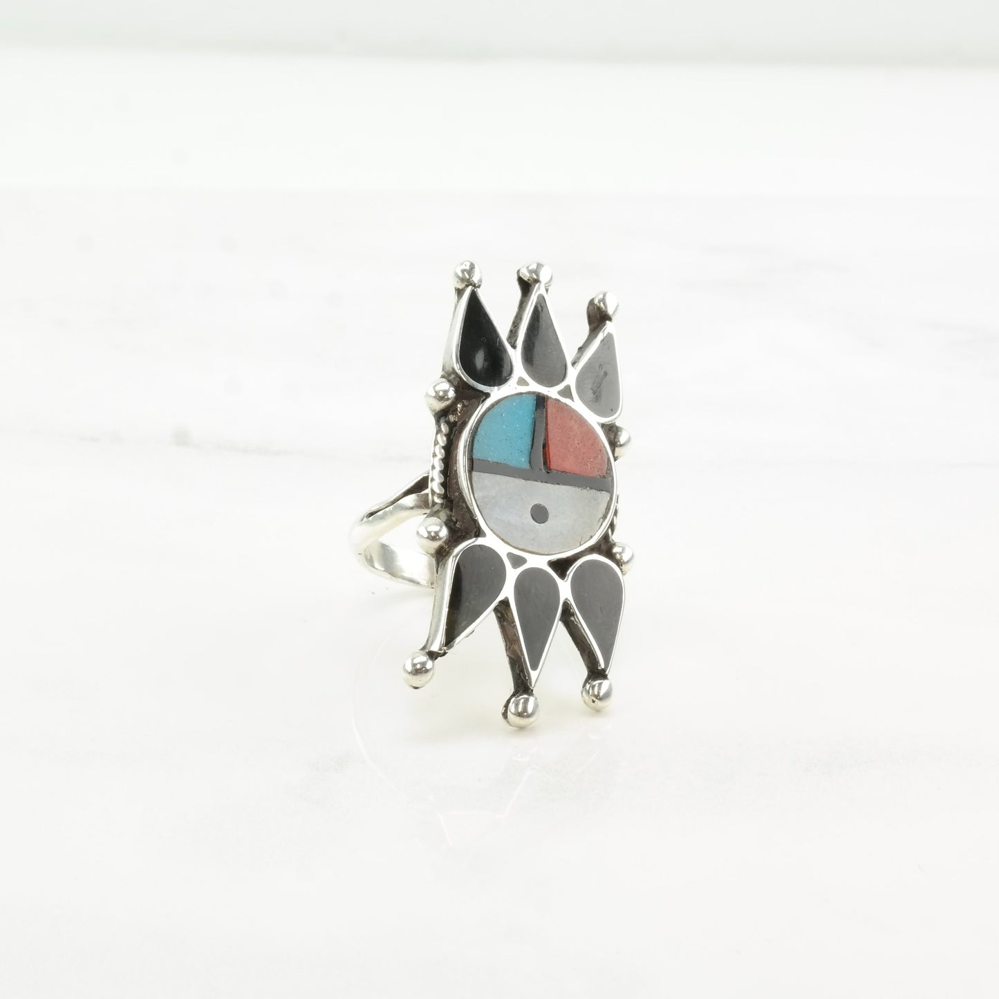 Native American Silver Ring Coral Turquoise MOP Onyx Inlay Sun Sterling Size 7 1/2