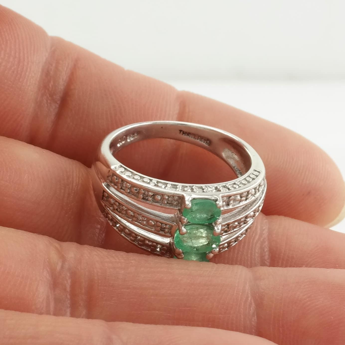 Vintage Thai Sterling Silver Ring Emerald, Diamond Green Size 5 1/4