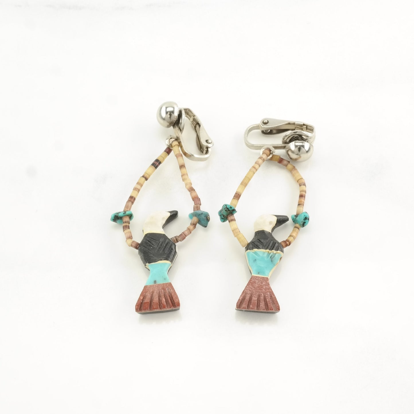 Vintage Native American Turquoise, Jet Bird, Heishi Earrings Clip on, dangle