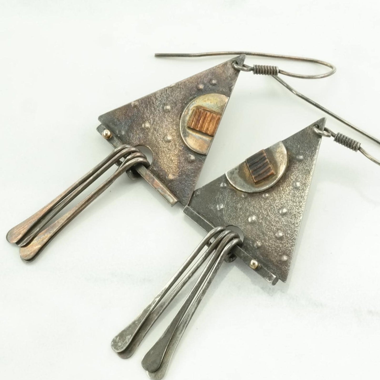 Vintage Sterling Silver Fish Hook/Dangle Earrings MCM, Modernist Abstract Triangular, Copper Inlay