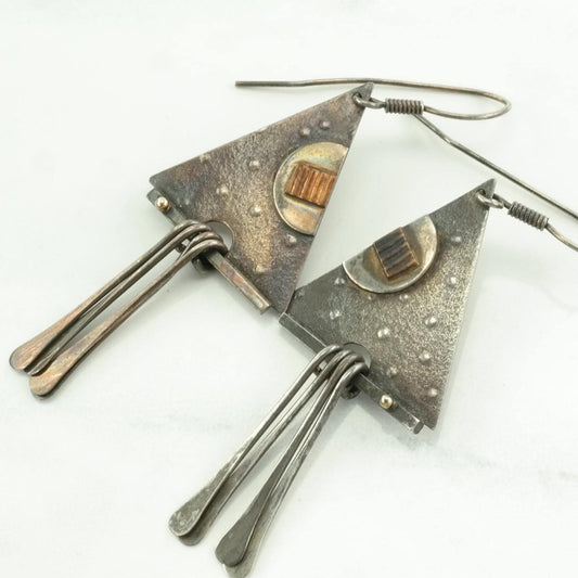 Vintage Sterling Silver Fish Hook/Dangle Earrings MCM, Modernist Abstract Triangular, Copper Inlay