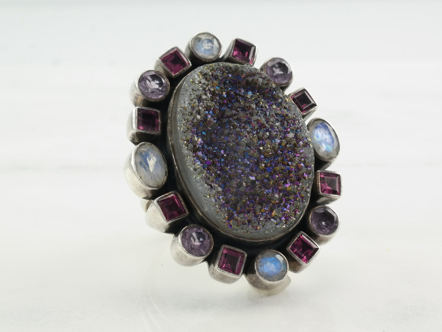 Nicky Butler Ring Druzy, Amethyst, Moonstone, Garnet Sterling Silver Size 7 3/4