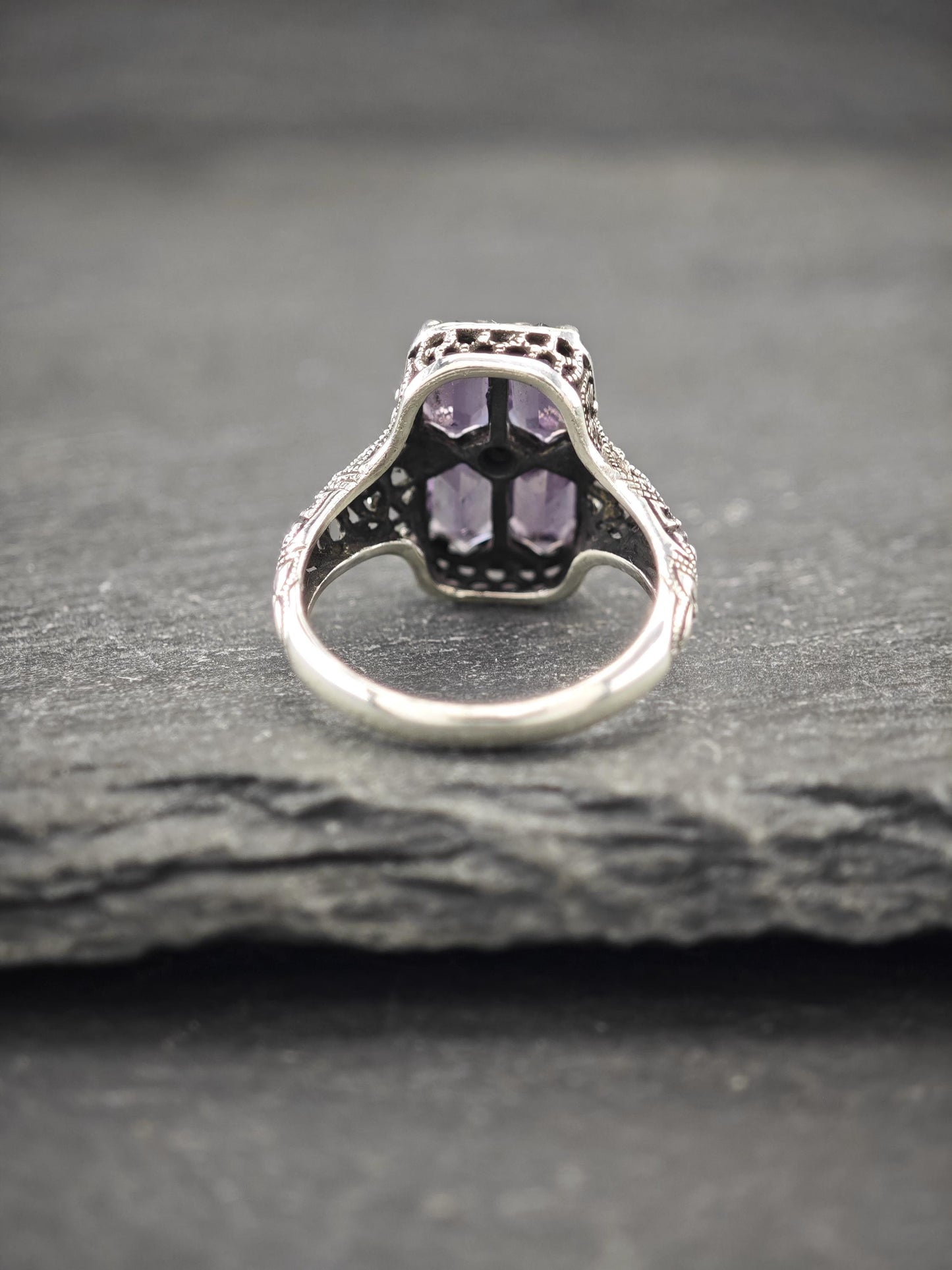 Art Deco Style Amethyst, Diamond Chip Ring Sterling Silver