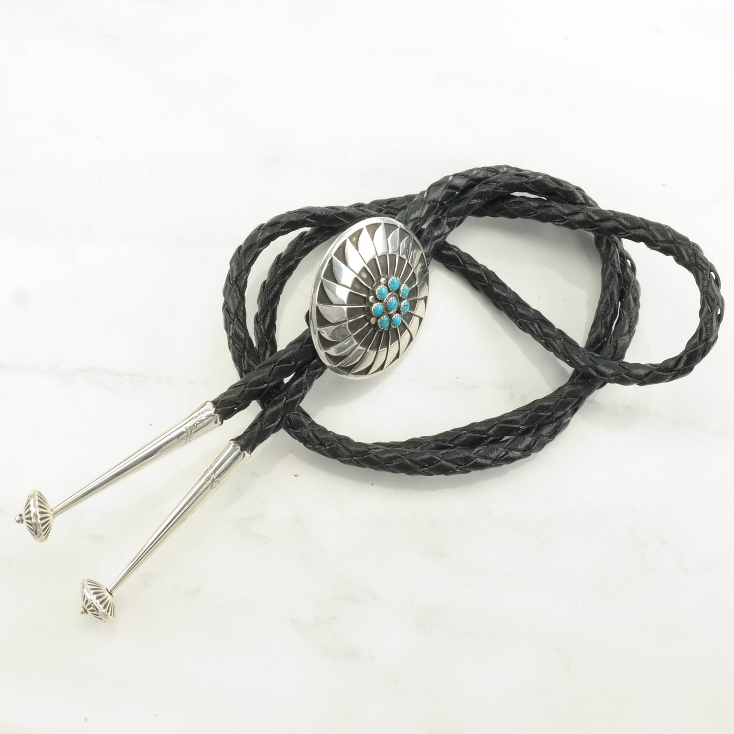 Vintage Native American Sterling Silver Blue Turquoise, Cluster Overlay Bolo Tie Necklace