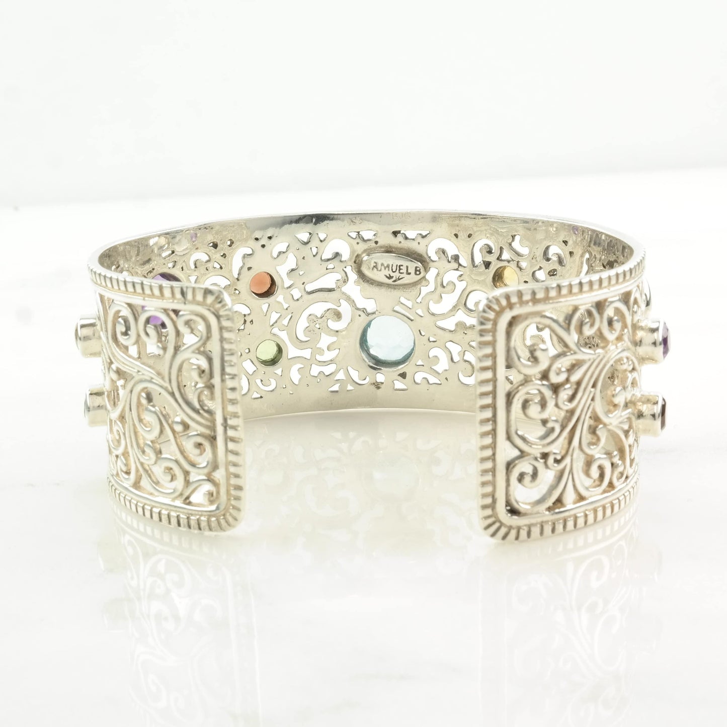 Samuel B Sterling Silver Cuff Bracelet Topaz, Garnet, Amethyst Open Filigree