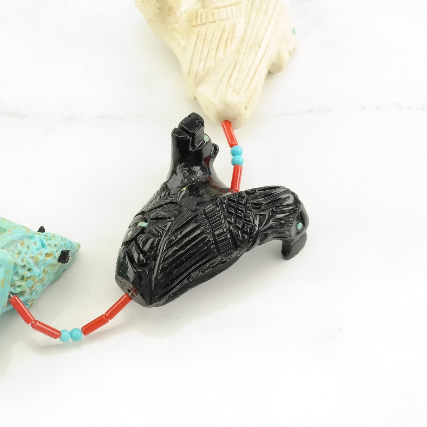 Southwest Sterling Silver Onyx, Block Turquoise Carved Animals, Faces Necklace