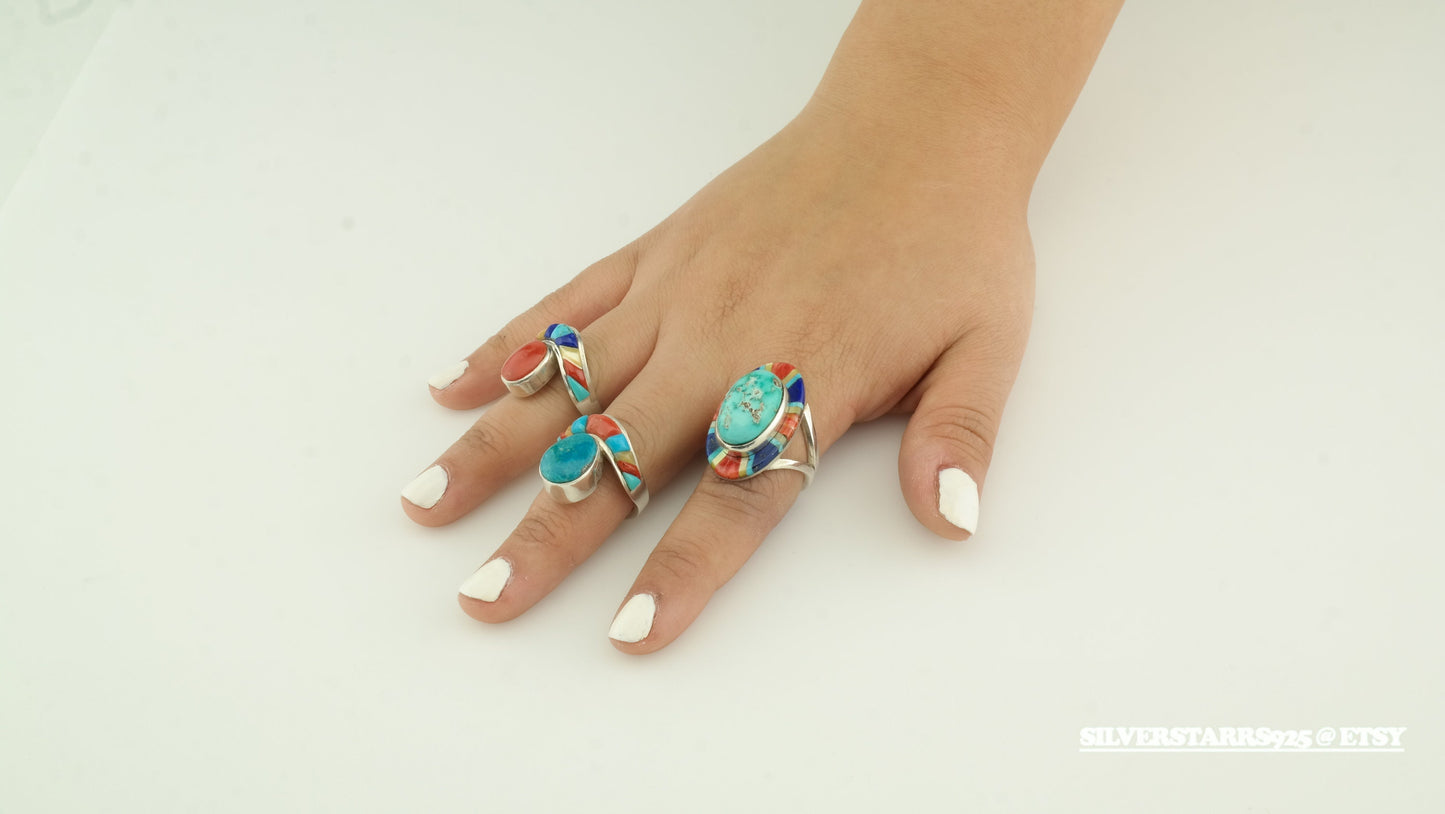 Sterling Silver Turquoise Coral Cobblestone Inlay Ring