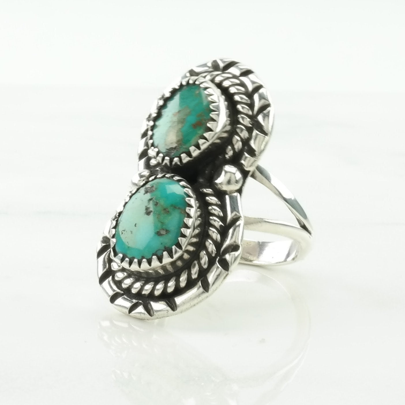 Native American Silver Ring Turquoise Two Stone Sterling Blue Size 6 1/2