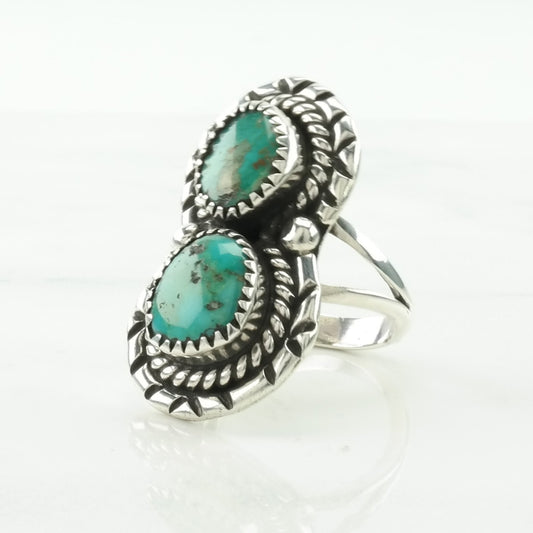 Vintage Native American Silver Ring Turquoise Two Stone Sterling Blue Size 6 1/2