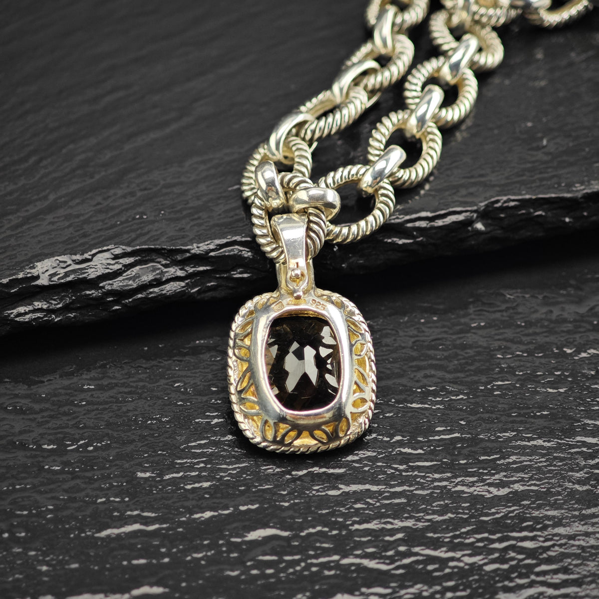 Vintage Michelle Albala Smoky Quartz Gold Bezel Sterling Silver Necklace N2783