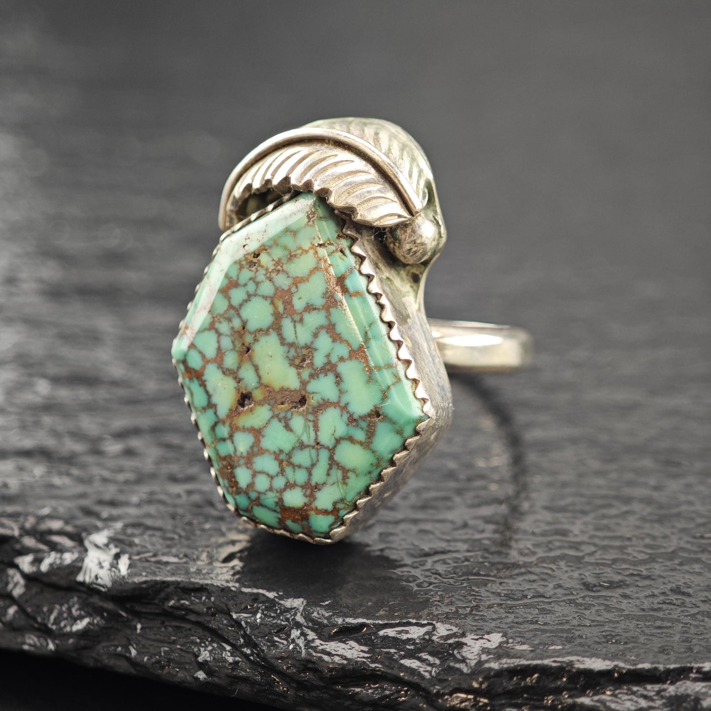 Native American Spiderweb Green Turquoise Ring Sterling Silver Sz 6