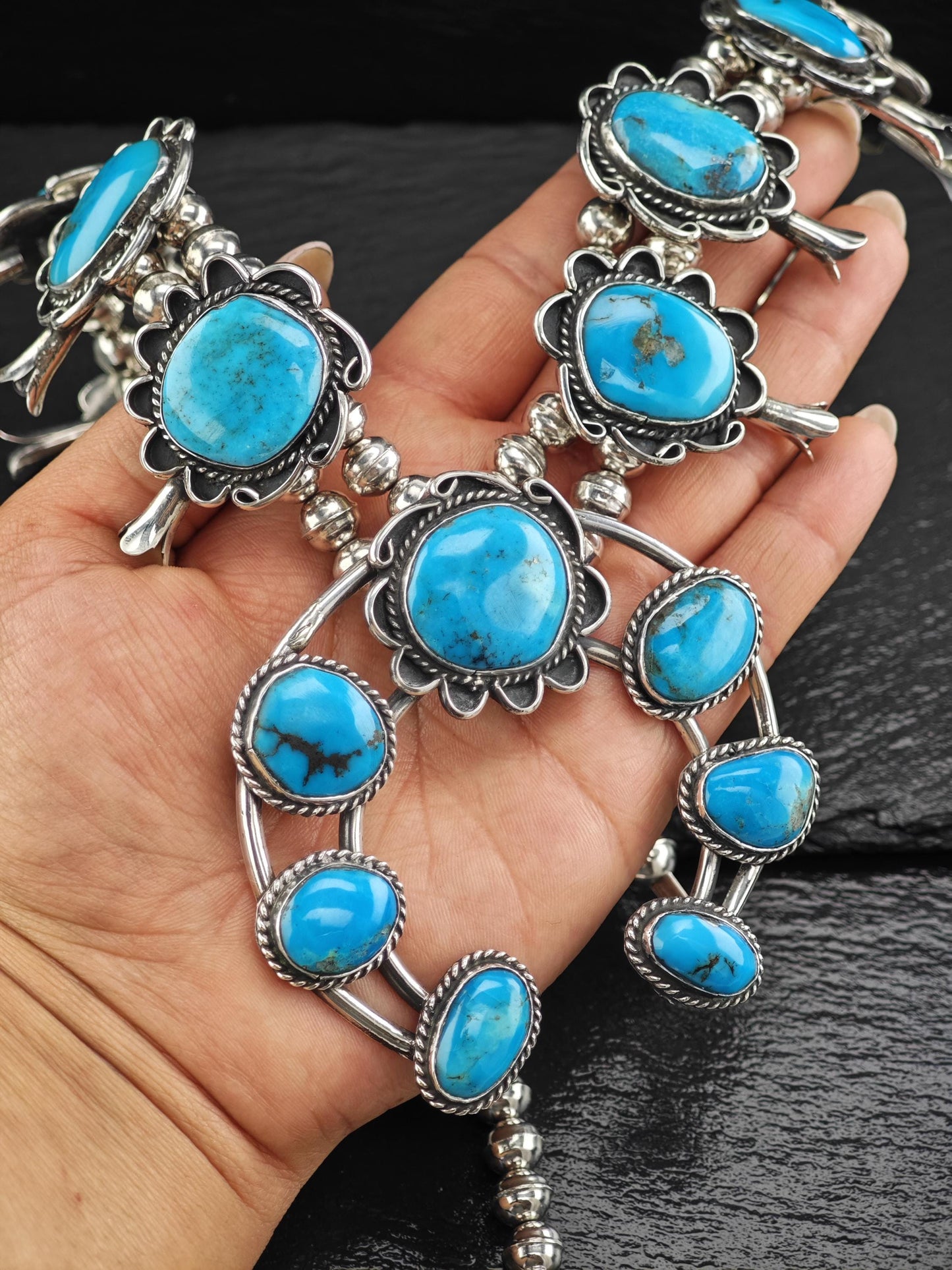 Southwest Turquoise Floral, Squash Blossom Necklace Sterling Silver