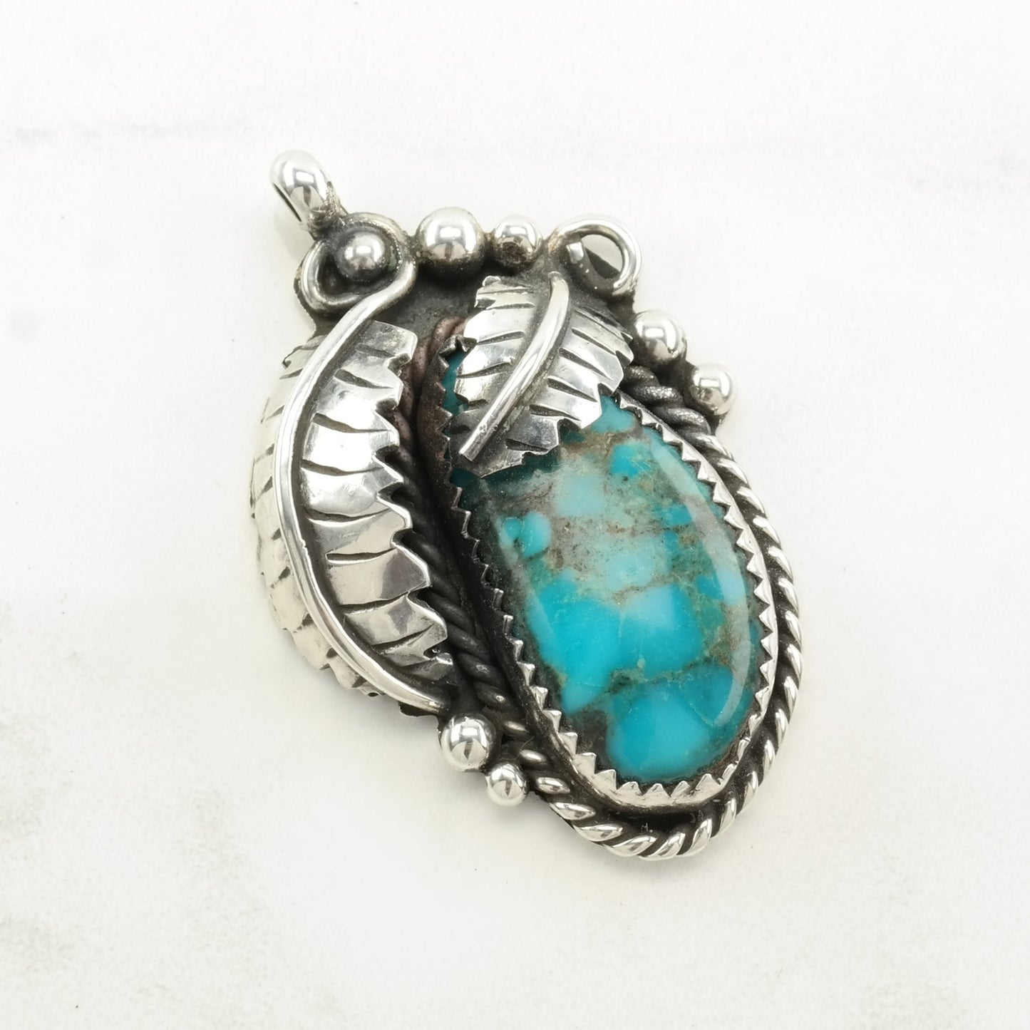 Vintage Native American Turquoise Feather Sterling Silver Pendant
