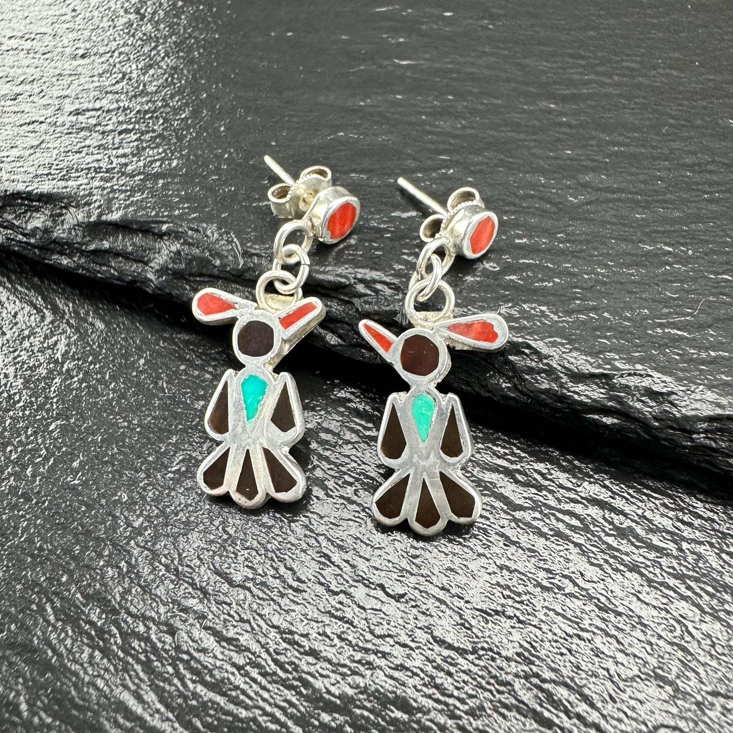 Zuni, Native American Inlay, Turquoise, Coral, Jet Thunderbird Stud/Dangle Earrings Sterling Silver