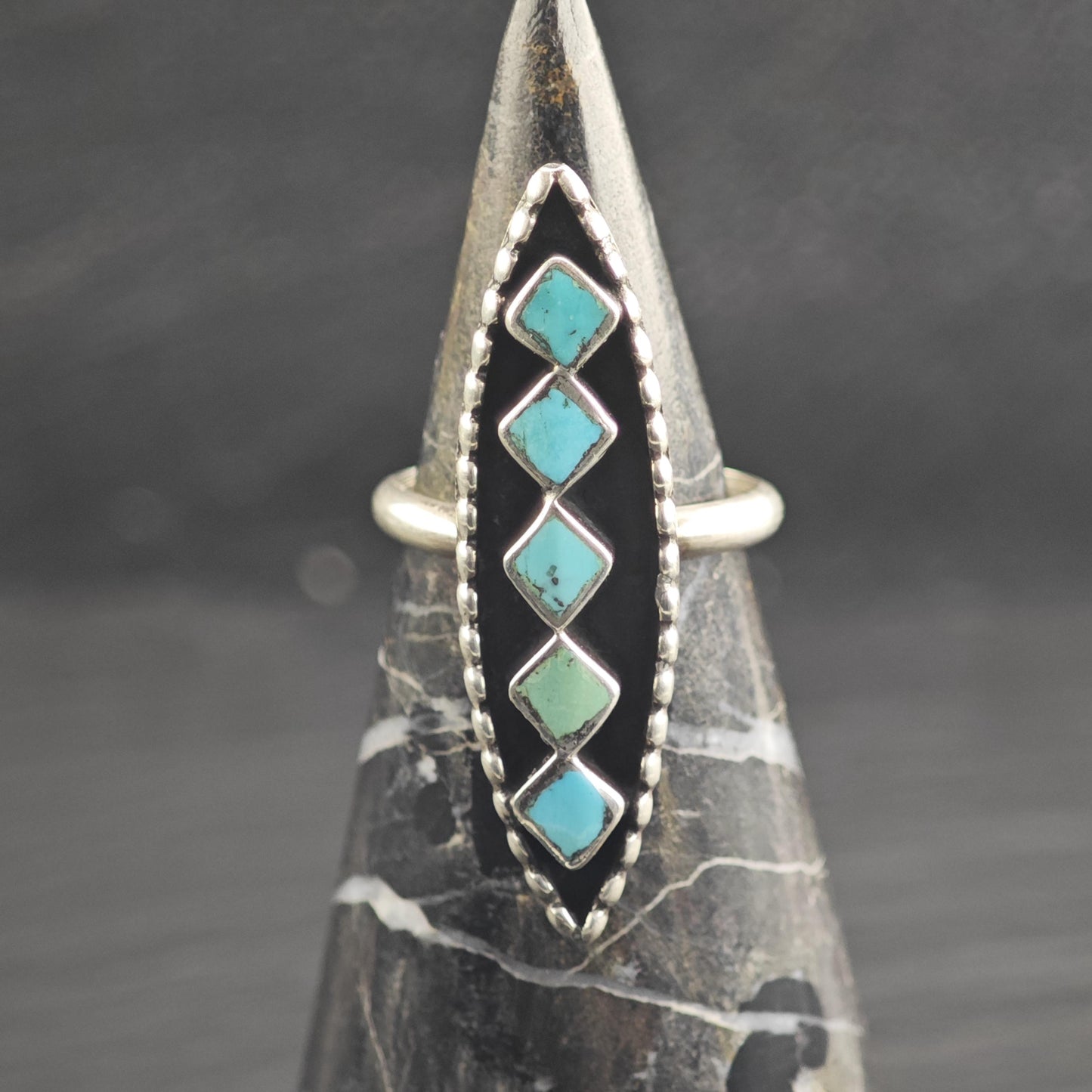 Zuni Square Turquoise Marquis Shape Sterling Silver Ring Sz 5 3/4 R6656